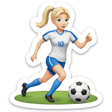 40 year old woman blue eyes and blonde ponytail playing soccer  sticker