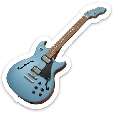 A gray-blue electric guitar with a black pick guard and only one volume knob, make the head tan sticker