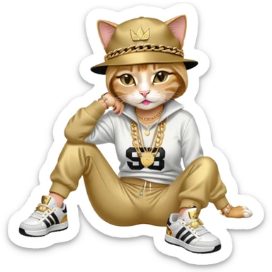 female cat lying down horizontally on the ground, crying, wearing Run DMC hip-hop outfit with tracksuit, fedora, Adidas sneakers, many gold chains, rings, bracelets, flashy earrings, no sunglasses sticker