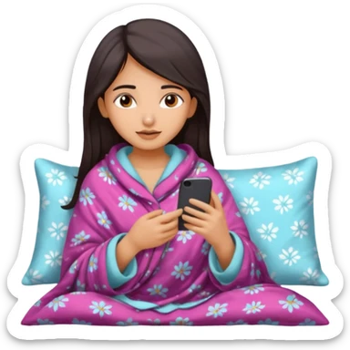 a pretty bratz fair indian girl covered in blanket, wearing pajamas, using phone sticker