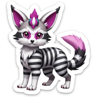Black and white-striped Colorful Skilled Adept Graceful Asian Painted WereGarurumon-Meloetta-Obstagoon-Furret-fusion-hybrid-creature (full body) with a magenta accent, tufted lynx ears sticker