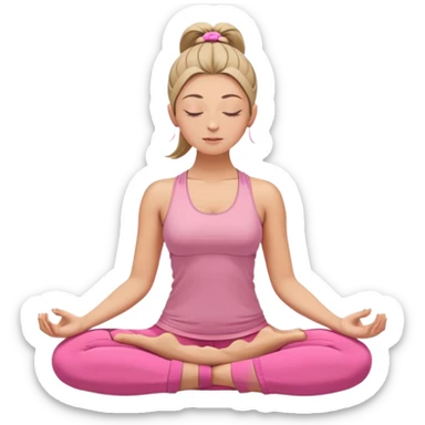 white woman with neat ponytail hairstyle, sitting in lotus position, meditating with closed eyes and serene expression, wearing pink yoga outfit sticker