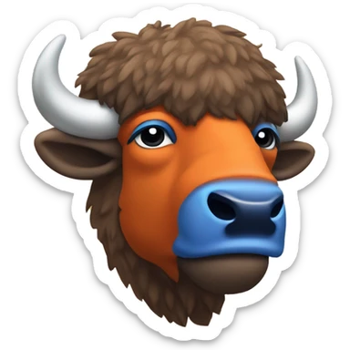 Bison head mascot wearing orange and blue sticker