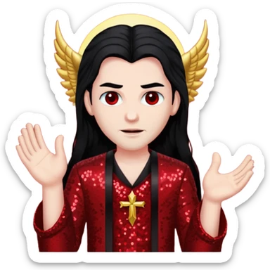 Lucifer from The Bible with long black hair, dark red sequin outfit sticker