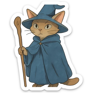 ghibli style wizard cat with cloak and staff sticker