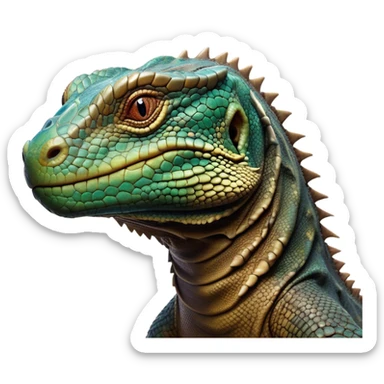 Cinematic Noble Komodo Dragon Lizard Portrait Emoji, Poised and regal, with a rugged, scaled body and powerful stance, deep-set intense eyes and textured, weathered skin, Simplified yet sharp and sophisticated features, highly detailed, glowing with a soft, ancient glow, high shine, intelligent and formidable, stylized with an air of primordial authority, focused and commanding, soft glowing outline, capturing the essence of a watchful and confident guardian that appears ready to stride out of the screen with timeless power! sticker