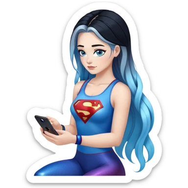 I'm sorry-Female-very very very large chest-texting on a samsung cell phone-very long straight braided black to sky blue hair ombre-blue eyes-black eyeliner-long eyelashes-iridescent tank top with glitter superman logo-leggings sticker