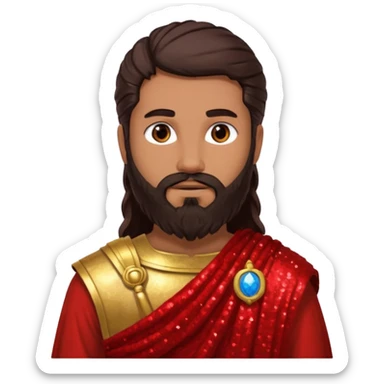 Mars from Roman Deities with long dark brown hair and beard, red sequin toga, light tan skin sticker
