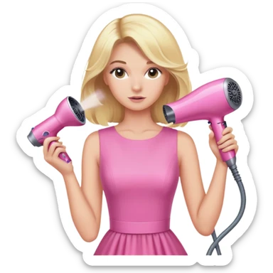 blonde woman in pink dress using a pink Dyson hairdryer to blow her hair sticker