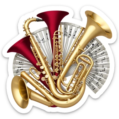 Create a festive and elegant emoji collage featuring a bouquet or fan of bells of wind instrument  (trumpets, saxophones, trombones, tubes, etc.) arranged in a radiant, symmetrical pattern. The instruments should have polished, golden and silver finishes, with their large, shiny bells forming a beautiful, fan-like display. Include a flowing ribbon of musical notes swirling through the center, conveying movement and melody. The background should feature a deep red velvet texture, adding a touch of luxury and sophistication. The overall composition should be balanced, with an elegant and regal feel, with a transparent background to keep focus on the instruments and musical elements. sticker