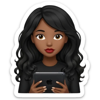 A young woman with long black hair, a wavy frange falling on half of her head.  She's black, medium to dark skinned with thick lips. She's holding an iPad, but she's wearing black casual clothes. she has long eyelashes. sticker