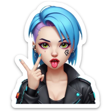 Woman with her tongue out in cyberpunk clothing and giving the middle finger. Looking naughty. sticker