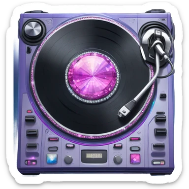 Realistic DJ turntable setup with pink,blue,and purple sparkling diamonds and rhinestones on it. sticker