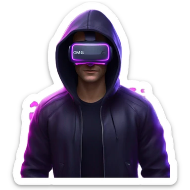 Russian man wearing a black hoodie with "OMG" letters on it and VR headset in a cyberpunk VR environment with violet neon lighting. sticker