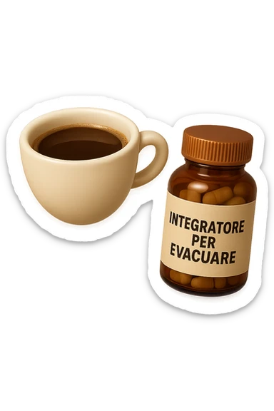 EMOJI STILE IPHONE 3D DI un caffè e di una boccetta di integratore con la scritta "INTEGRATORE PER EVACUARE" SULL'ETICHETTA CHE FLUTTUANO IN ARIA, iperrealistico 4k sticker