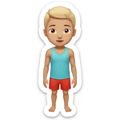 Emoji-style person standing in beach shorts, skin visibly sunburned and red on arms, legs, and face, but chest and shoulders clearly lighter with tank top tan lines. Expression shows mild pain or discomfort, cute rounded emoji design, soft 3D shading, vibrant colors sticker