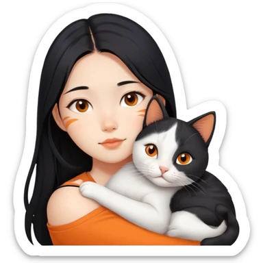 Asian girl with long black hair and the cat is lying on her shoulder, cat is mostly white with orange markings, tender moment sticker