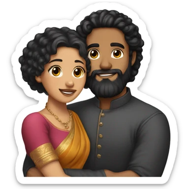 Light skin;Black long hair girl  in a saree hugging with a man with black beard and curly hair on top sticker