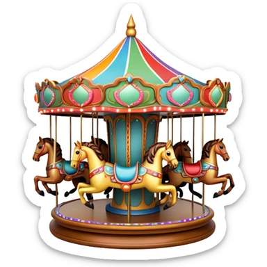 A colorful, whimsical carousel with ornate wooden horses, spinning gracefully under glowing lights. The horses are decorated with vibrant colors, and the surrounding area is filled with twinkling lights, creating a nostalgic and magical atmosphere sticker
