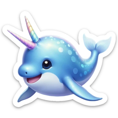 Cinematic Cute Cute Narwhal Portrait Emoji, Head tilted playfully and inquisitively, featuring a charming, sleek body with softly iridescent skin, a prominently spiraled tusk and large, twinkling eyes full of gentle wonder, Simplified yet irresistibly adorable features, highly detailed, glowing with a warm, inviting ocean glow, high shine, affectionate and lively, stylized with a touch of magical sea whimsy, soft glowing outline, capturing the essence of a mischievous yet endearing cute narwhal that seems as if it could frolic out of the screen into your heart! sticker