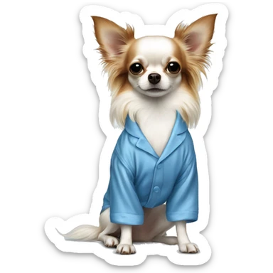 Long-haired white Chihuahua with reddish brown markings wearing blue silk pajamas sticker