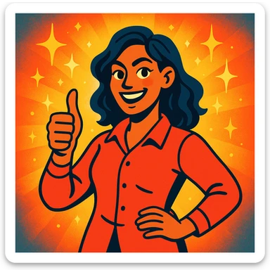 confident woman giving thumbs up surrounded by sparkles or light, representing empowerment and encouragement, vibrant cartoon-like style, Mutmacherin sticker