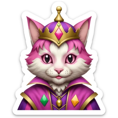 court jester cat medieval, single poker card joker clearly visible, pink, face only enclosed in a medieval badge  sticker
