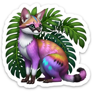 Colorful dark tropical white iridescent glorious divine exotic cute cool beautiful shiny beautiful floral fantasy-caracal-civet-genet-sergal-vernid-Cacomistle-oncilla-animal-Fakémon-hybrid-fursona (full body) sticker