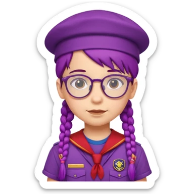 red uniform wearing scout kid with braids and glassess with hat purple haired sticker