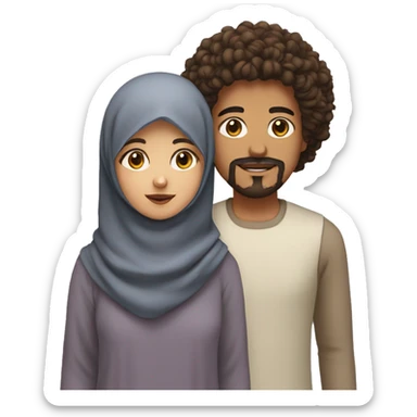 brown teen with curly hair and goatee and moustache standing and black eyes next to a girl wearing a hijab sticker