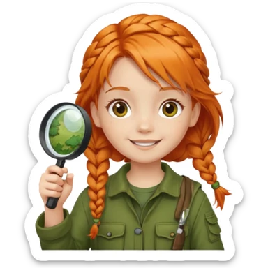 braid orange haired girl kid in moss green explorer outfit, holding magnifying glass, smile sticker