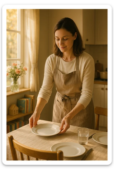 "Donna tra i 30 e i 40 anni, all’interno della sua casa luminosa, mentre prepara la tavola o accudisce i figli con un’espressione dolce e serena. Indossa abiti semplici e curati, simbolo di cura e presenza. Sullo sfondo si vedono dettagli di una casa armoniosa: fiori freschi, libri per bambini, un pranzo in preparazione. La scena trasmette calore, dedizione e stabilità familiare. Elementi visivi di supporto: luce solare che entra dalla finestra, atmosfera calda e rassicurante. Stile realistico con toni caldi e tenui sticker