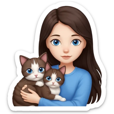 a pretty girl with long dark 
brown hair, with blue eyes, hugs 3 different natural coloured small cats sticker