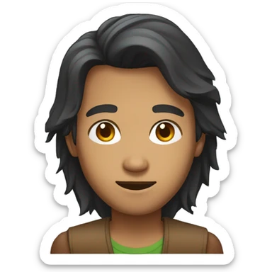 indonesian tech guy with half long hair, brown skin and brown eyes in a laptop sticker
