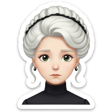 A Victorian woman with elegant coiffed white hair and light eyes wearing a simple modest black turtleneck mourning dress looking down with a forlorn expression sticker