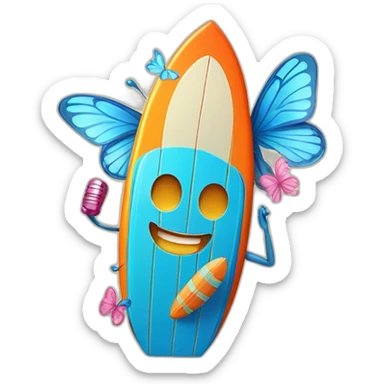 A surfboard Cartoon Blue and orange tiki smiling with butterfly and and Cartoon Blue and pink tiki singing with butterfly and mikrophone sticker