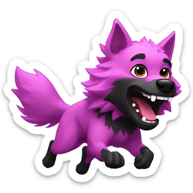 A pink and black werewolf happily chasing a purple puppy sticker