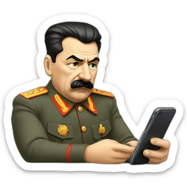 Sad stalin looking at social media on phone sticker