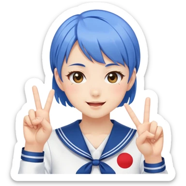 Energetic anime girl with short blue hair wearing Japanese sailor style school uniform, winking and making double peace signs, very cheerful and bubbly, kawaii style sticker
