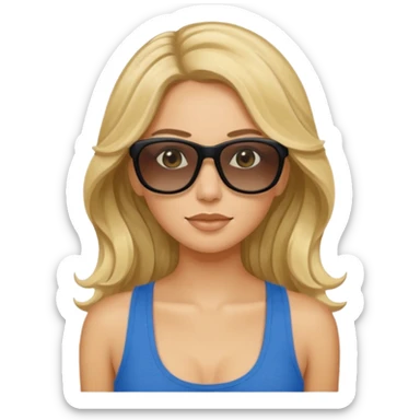 an olive tan woman with long, wavy blonde hair in a blue tank top wearing skinny black rectangular sunglasses sticker