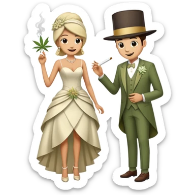 Full body view of person in fancy clothes sneaking into a wedding ceremony with a mischievous grin, uninvited guest, smoking cannabis sticker