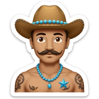 mustached cowboys with tattoos on face and bead sticker