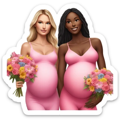 Realistic Photo of 2 Victoria secret models pregnant posing with flowers sticker