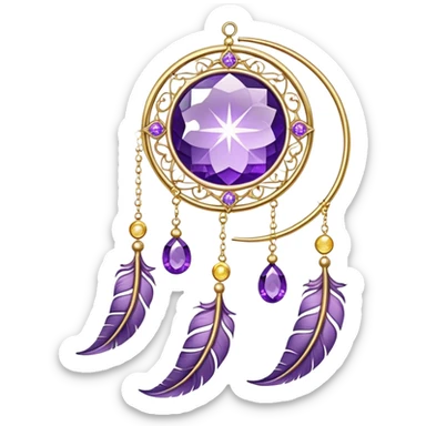 Epic beautiful gorgeous cute gold suncatcher, threads with shiny sparkly amethyst gemstones, flowers, crescents-moons, stars, violet Feather sticker
