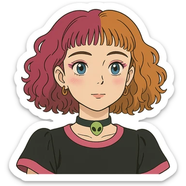 girl with blue eyes, pink makeup, narrow eyebrows, earrings, green alien head choker, black and pink blouse, curly shoulder-length hair, half hot pink half ginger, short straight baby bangs sticker