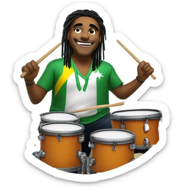 Create an image of a Brazilian drummer with tied hair, expressing joy while playing drums in his live stream. Include the logo "GG Lukas Drummer" in the background. sticker