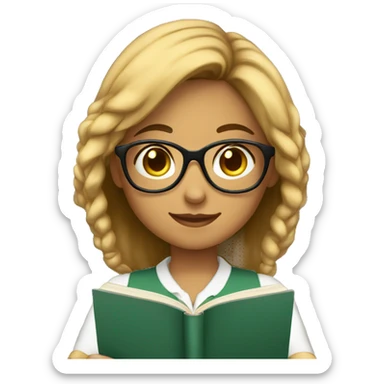 girl with tan skin with glasses in a school uniform reading a book, sticker