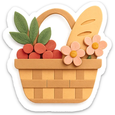 a picnic basket with berries, bread, and flowers, warm pastel shades, paper craft style sticker