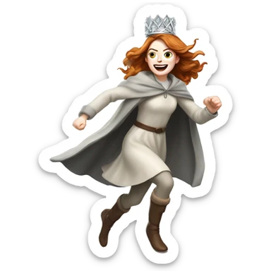 Emma Stone running, with a large stride and arms outstretched, wearing an icicle Crown and Winter Cloak sticker
