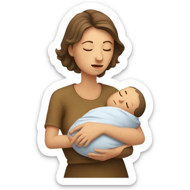 European sad mother with newborn sticker